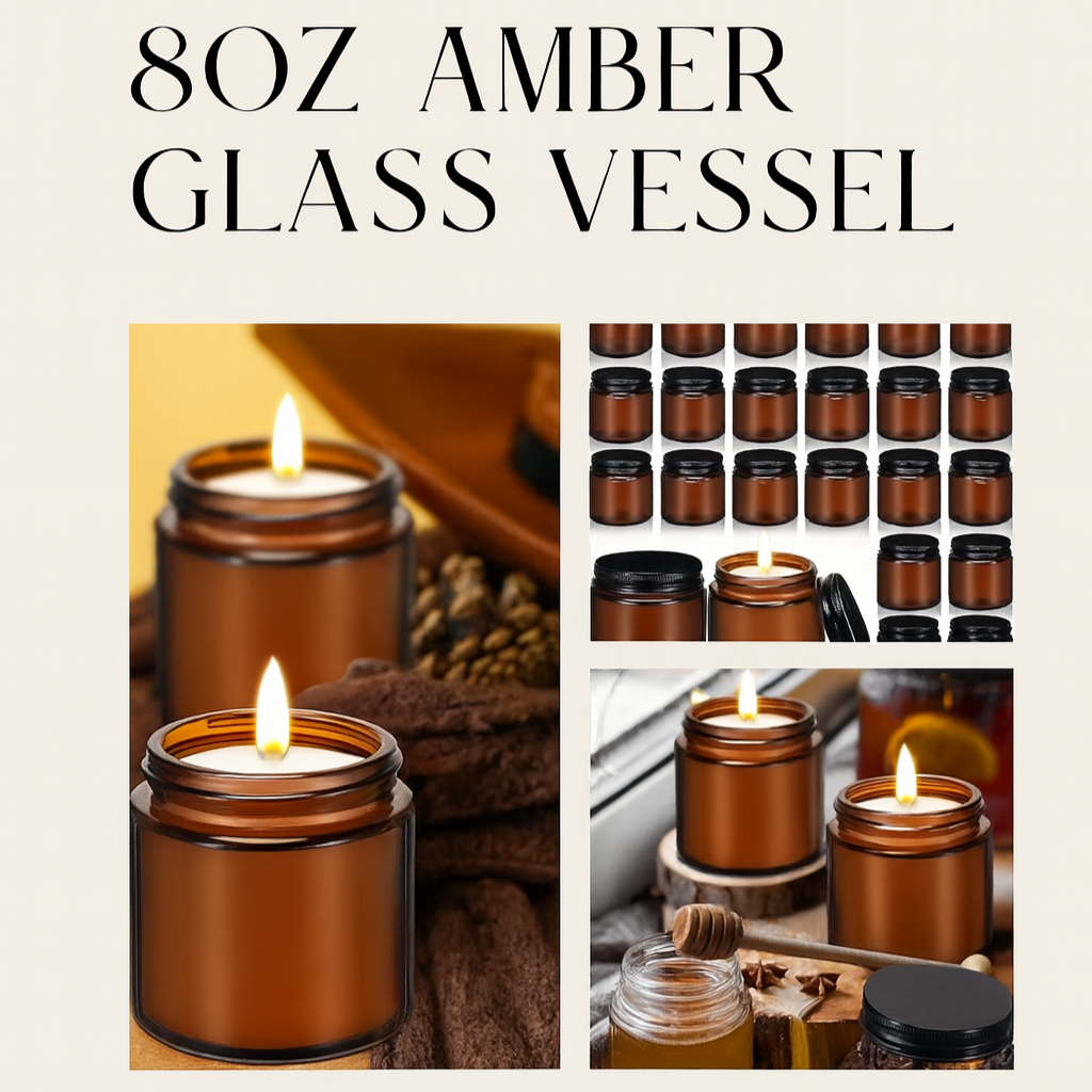 Amber glass candles in various settings with text '80Z AMBER GLASS VESSEL'.