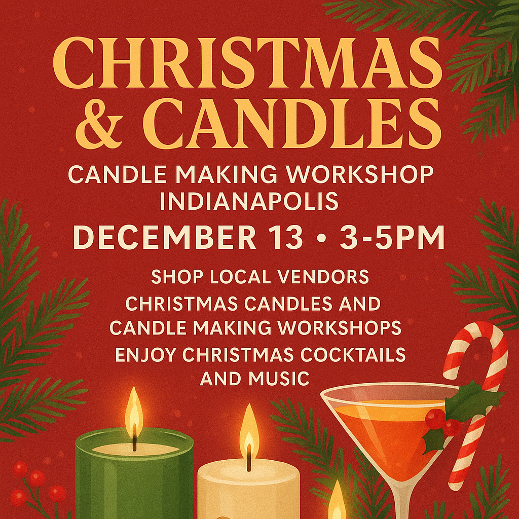 Advertisement for a Christmas and Candles workshop with candles and a cocktail on a red background.