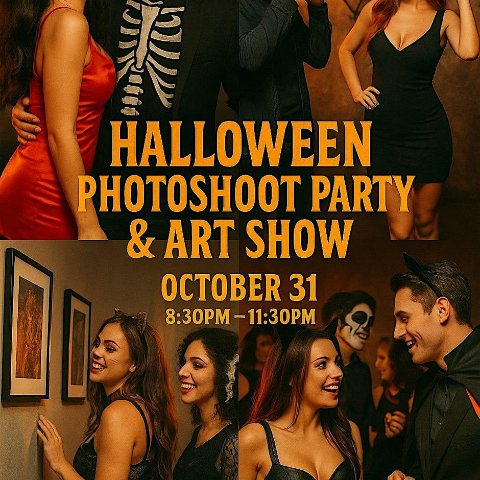Promotional poster for a Halloween photoshoot party and art show with people in costumes.
