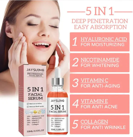 Jaysuing 5-in-1 facial serum with product packaging and benefits listed.