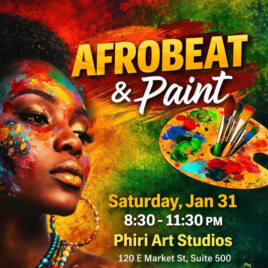 Promotional poster for Afrobeat & Paint event with a woman's face and art supplies.