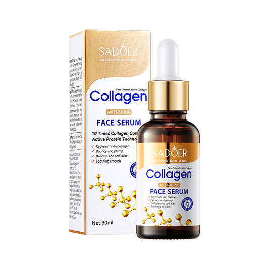 Collagen face serum with dropper and packaging on a white background