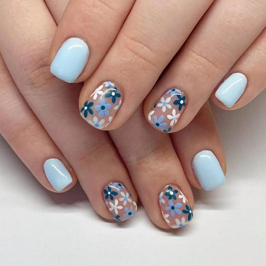 Blue Daisy Press-On Nails – Short Square, Glossy Full Cover