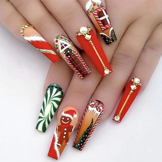 Christmas-themed nail art on a white background