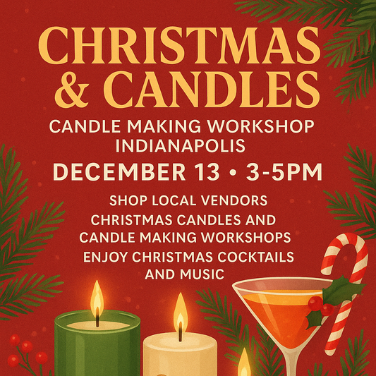 Advertisement for a Christmas and Candles workshop with candles and a cocktail on a red background.