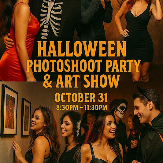 Promotional poster for a Halloween photoshoot party and art show with people in costumes.