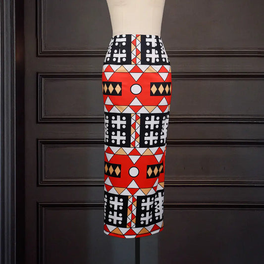 Colorful geometric-patterned skirt on a mannequin against a dark background