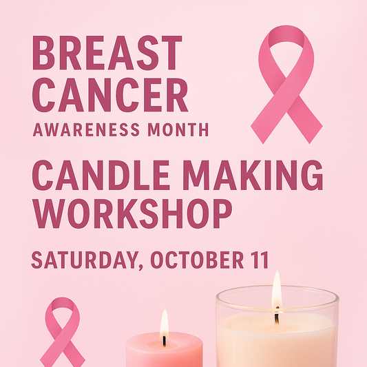 Advertisement for a breast cancer awareness candle making workshop with pink candles and ribbons on a pink background.