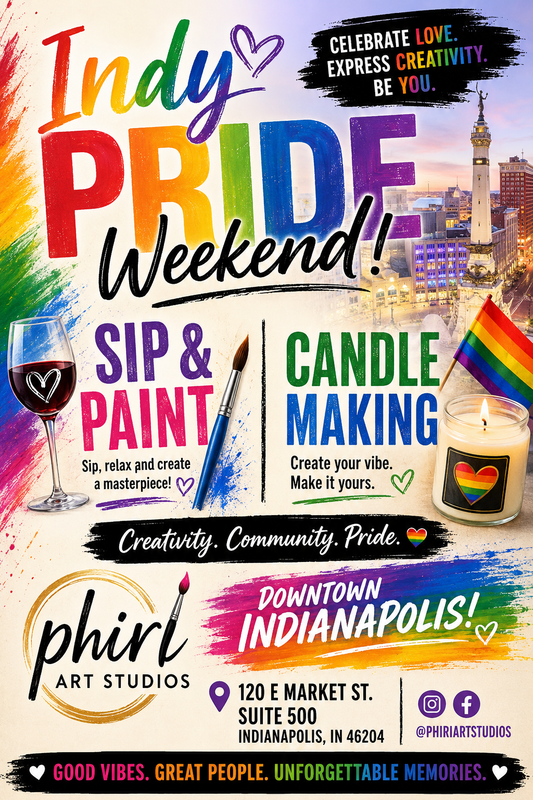 Promotional flyer for Indy Pride Weekend with rainbow colors, cityscape, and event details.