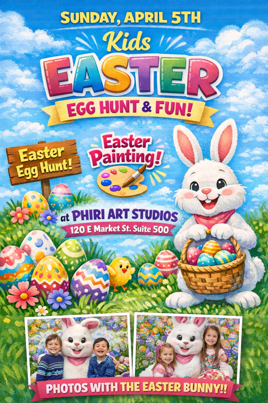 Promotional poster for a Kids Easter Egg Hunt & Fun event at Phiri Art Studios with an Easter bunny and eggs.