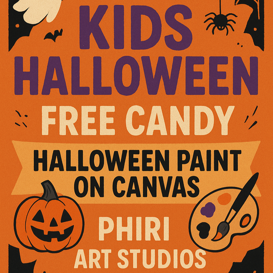 Promotional poster for a Kids Halloween event at Phiri Art Studios with pumpkins, ghosts, and bats.