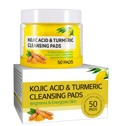 Kojic Acid & Turmeric Cleansing Pads packaging with yellow label and white box on a white background