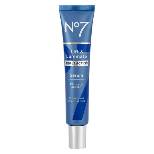 No7 Lift & Luminate serum tube on a white background