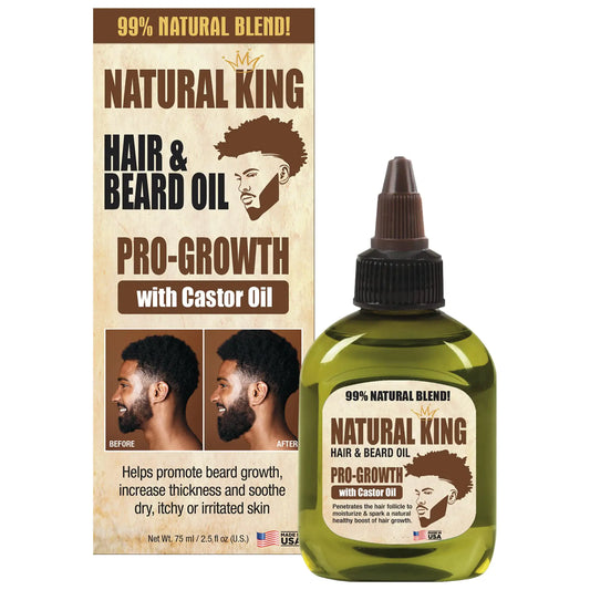 Natural King Hair & Beard Oil packaging and bottle on a white background