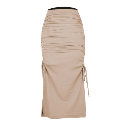 Beige ruched skirt on a white background