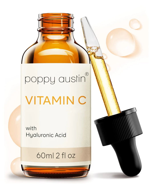 Poppy Austin Vitamin C serum bottle with dropper on a white background