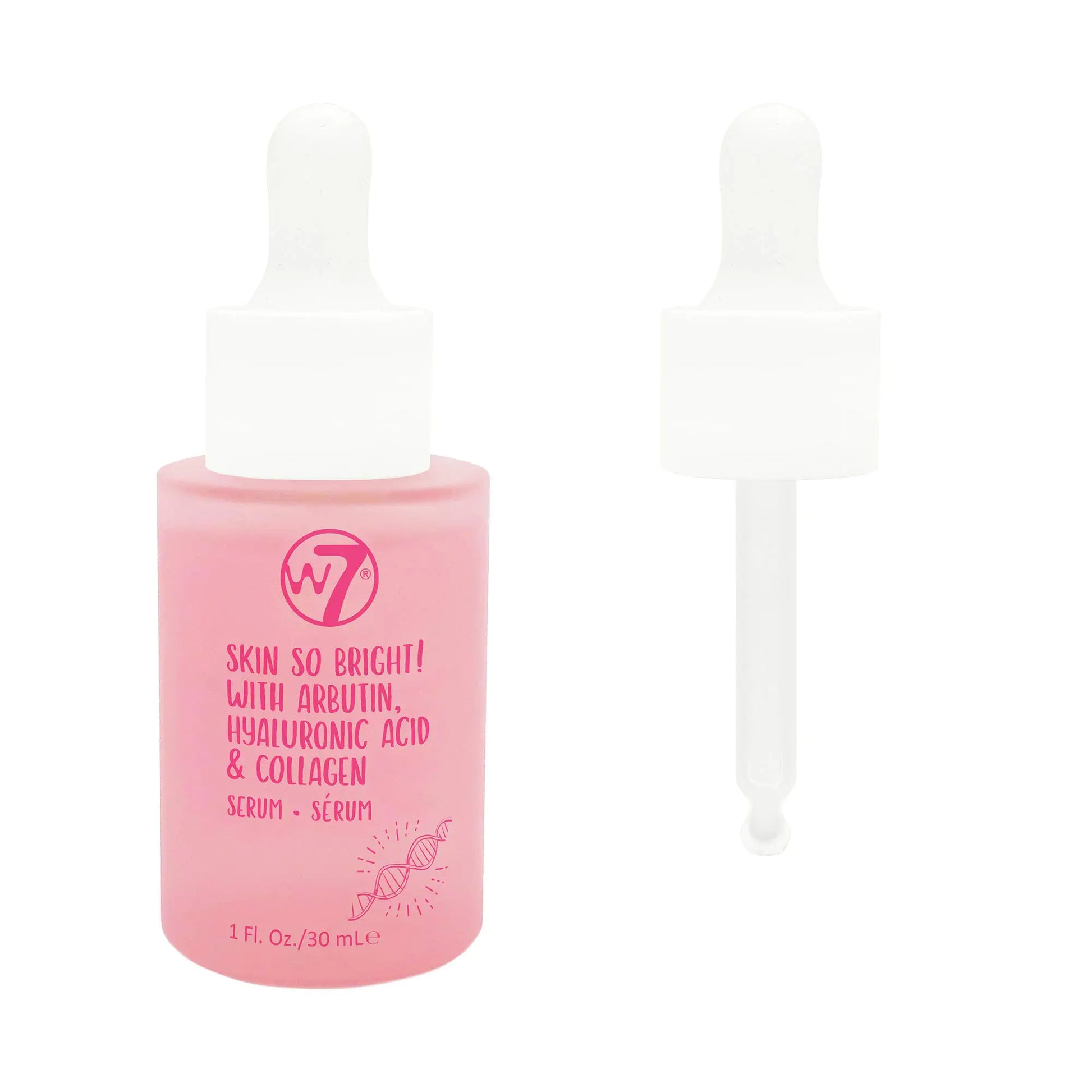 Pink serum bottle with W7 logo on a white background