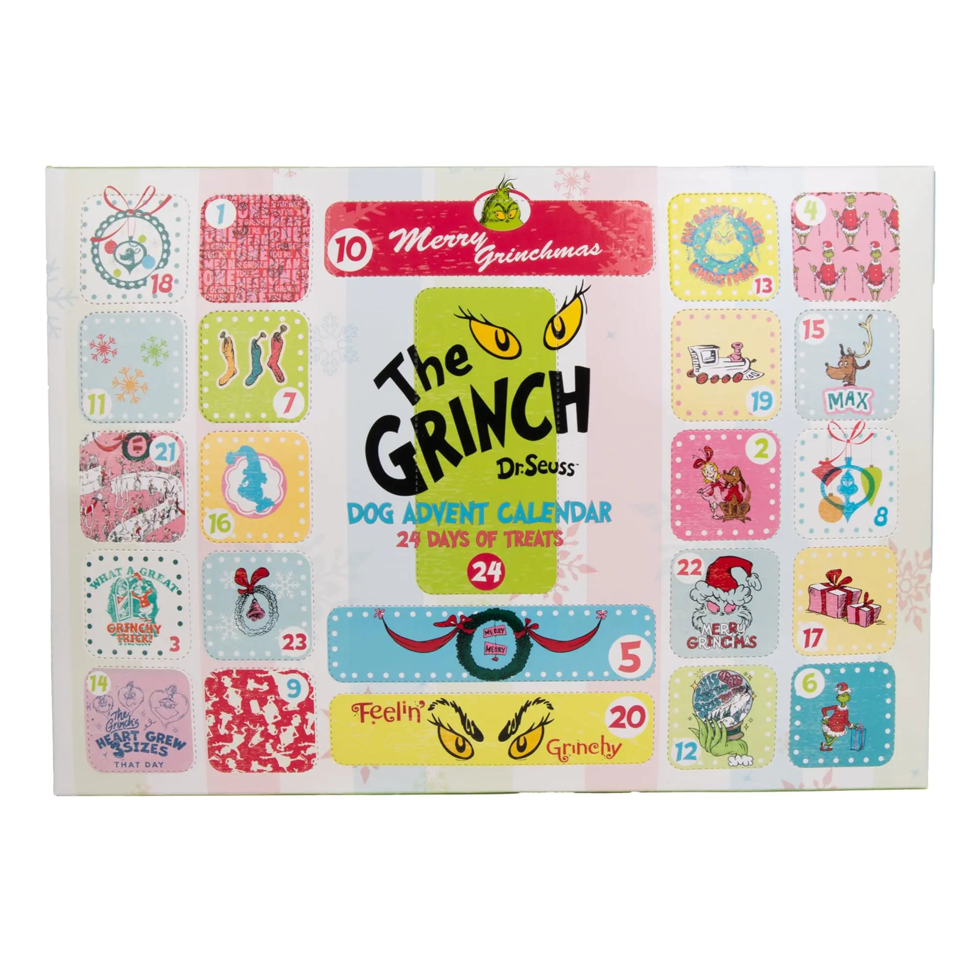 Grinch-themed dog advent calendar with colorful design and text